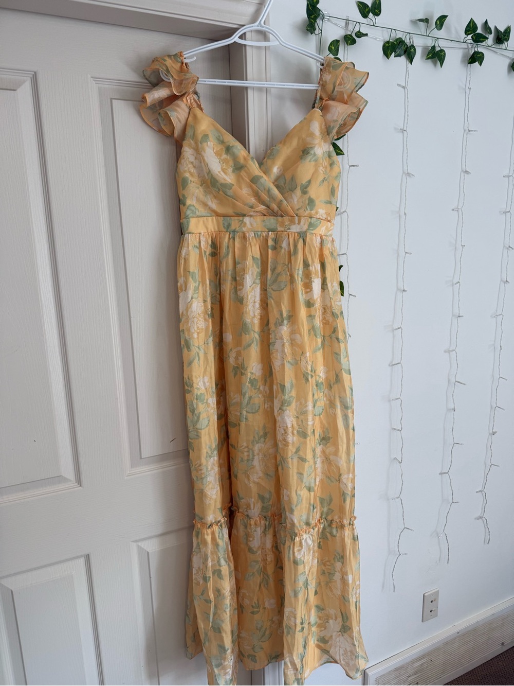 Lulu's Yellow Floral Ruffle-Shoulder Maxi Dress